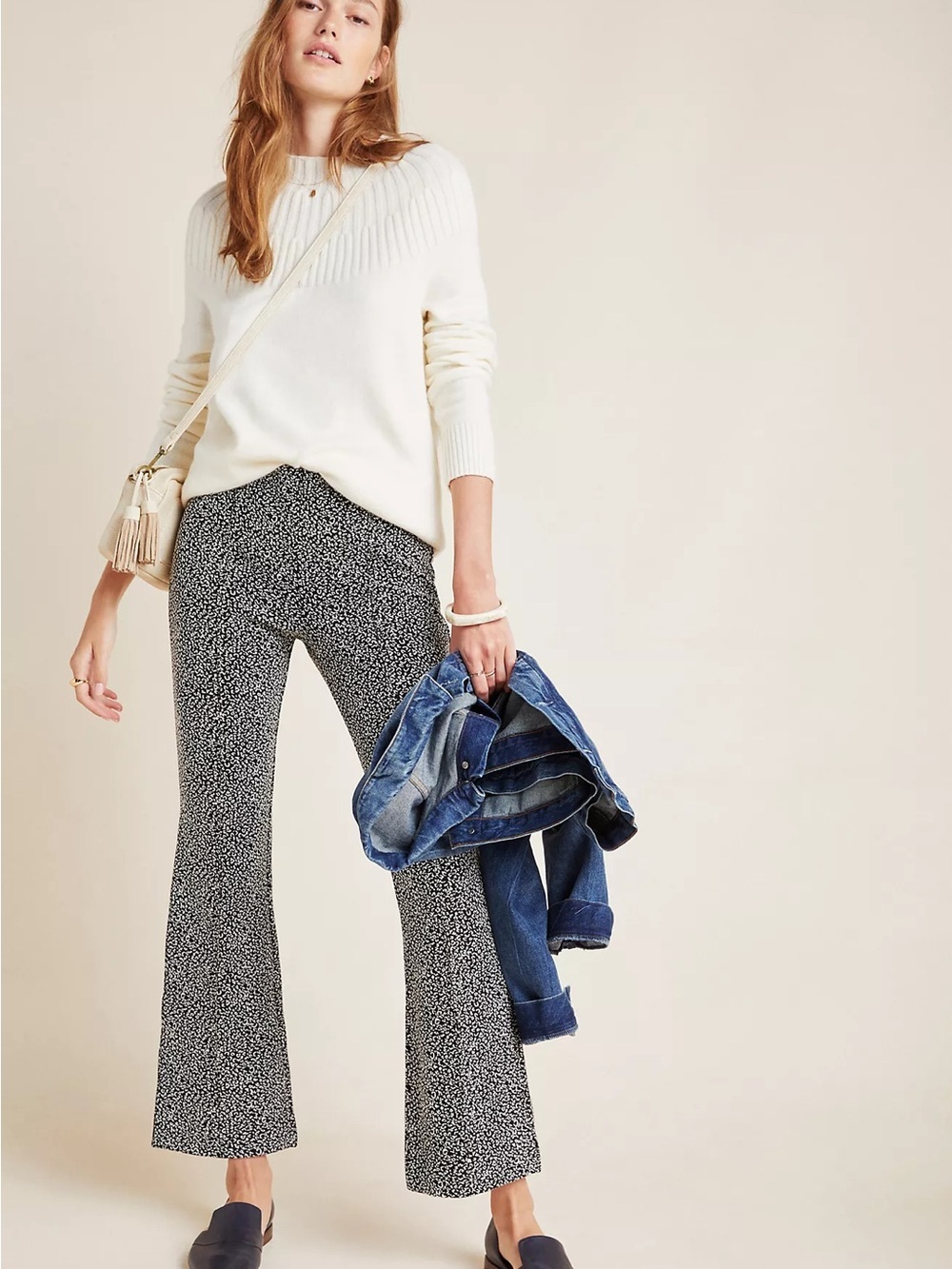 Anthropologie The Essential Crop Flare Pants L Black White Cropped airport fit